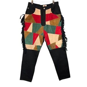 Vintage Blue Creek Black Denim Jeans Women's 16 Leather Fringe Patchwork Western